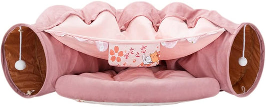 2 in 1 Cat Tunnel Bed Tube with Cushion and Plush Ball Toy Playground Crinkle Collapsible for Large Cats Kittens Kitty Puppy Small Dog Foldable Soft Pet Play Bed Indoor Outdoor- Pink Cat Tunnel Bed