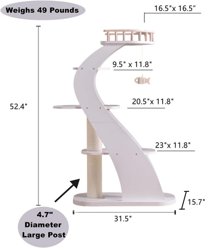 SHENGOCASE Modern Stylish 52.4 inches Tall Wooden Cat Tree Tower, Aesthetic Cat Condo Ladder with 5-Level Big Perch Platform Bed for Window Viewing Watching Large Scratching Post
