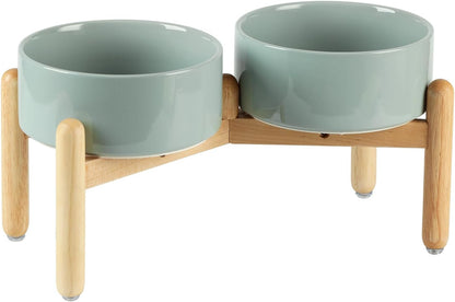 Ceramic 7.3inch Raised Double Bowls Set with Wooden Stand, Food & Water Bowls for Medium Breed Dogs, Weighted Dog Dishes, Pet Feeder(Light Green)