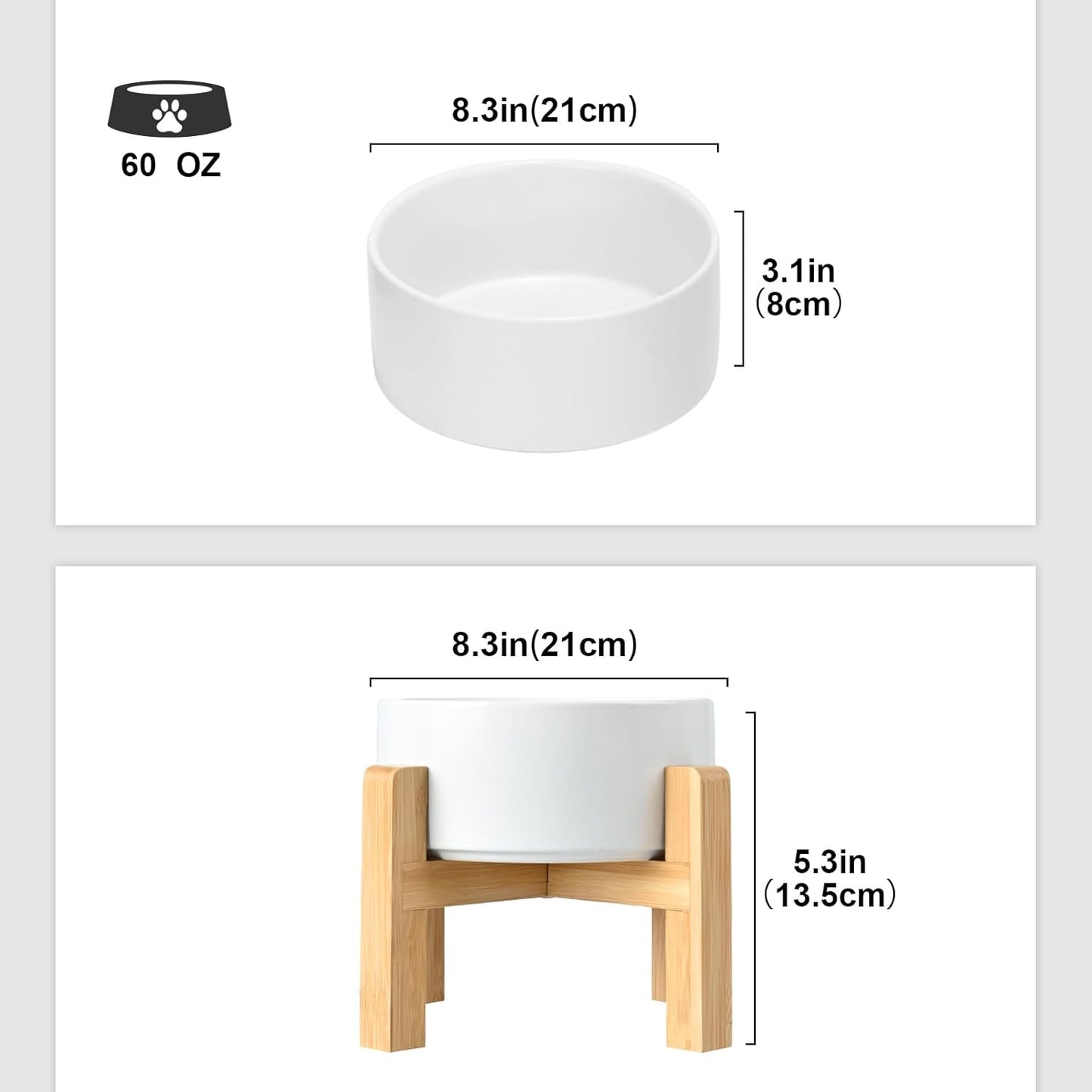 SPUNKYJUNKY Ceramic Elevated Dog Bowls 2 Pack - 8.3inch Raised Dog Bowls with Non-Slip Wooden Stand for Large Dogs Dishwasher Safe(White,60OZ*2)