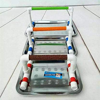 Hypeety Small Bird Parrot Stand Perch Table Top Stand Playground Grind Perch Swing Training Playstand Exercise Chew Toys for Budgies Parakeet Cockatiel Conure Finch (Stainless Steel Tray, L)