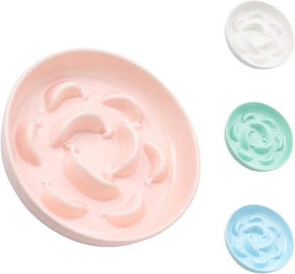 Ceramic Cat Slow Feeder Bowl - Pastel Series Cat Plate for Dry and Wet Food - Cute Maze Feeder Dish for Healthy Eating - Dishwasher Safe - 6.3''W x 1.2''H - 7 OZ - Light Pink