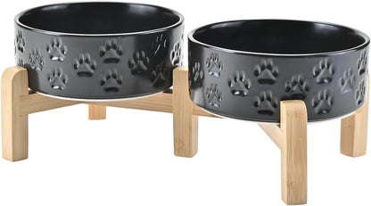 SPUNKYJUNKY Elevated Dog Bowls Ceramic, 5.1'' Dogs and Cat Food Water Bowls Raised with Non-Slip Bamboo Stand for Puppy Small Sized Breed Microwave Dishwasher Safe - 13.5 OZ,Paw Black