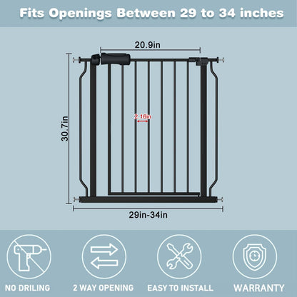 Black Baby Gate 29-34 Inch Wide Walk Through Pressure Mounted Safety Gate with Door No Drill Tension Metal Gate for Dog Cat and Toddler