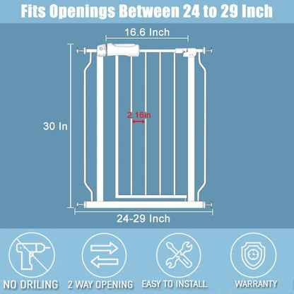Narrow Baby Gate 24 to 29 Inch Wide Pet Gate Pressure Mounted No Drill Safety Gate Walk Through Metal Child Gate for Kids Stairs or Pets Indoor White