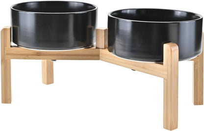 SPUNKYJUNKY Elevated Dog Bowls Ceramic, 7.3'' Dogs Food Water Bowls Raised with Non-Slip Bamboo Stand for Medium to Large Sized Breed Microwave Dishwasher Safe - 42 OZ,Black