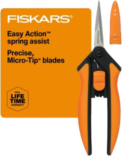Fiskars Micro-Tip Pruning Snips - 6" Garden Shears with Sheath and Comfort Grip - Sharp Steel Blades - Quality Pruning Shears for Plants in Grow Tents and Hydroponics - Garden Tools