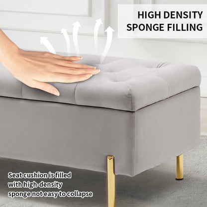 45.6 Inch Velvet Storage Bench, Tufted Upholstered Ottoman with Storage, Bedroom Living Room Entryway Rectangular Accent Bench, Grey