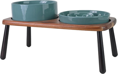 SPUNKYJUNKY Ceramic Elevated Dog Bowls with Slow Feeder Raised Acacia Bamboo Wooden Stand, 8.3'' Dog Food Water Bowls Set Non-Slip for Medium Large Sized Breed Microwave Dishwasher Safe - Dark Green