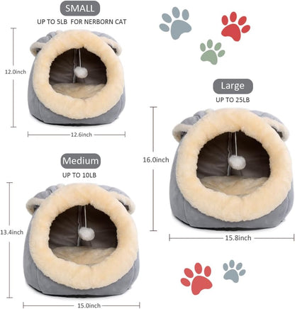 Cat Beds for Indoor Cats - Rabbit-Shaped Cat Cave Bed with Hanging Toy,Super Soft Calming Pet Bed for Kitten&Puppy,Small Dog,Warm Plush&Machine Washable&Removable Cotton Pad,Cat Hideaway(Grey M)