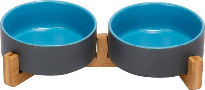 SPUNKYJUNKY Ceramic Dog and Cat Bowl Set with Wooden Stand, Modern Cute Weighted Food Water Set for Small Size Dogs (13.5OZ) & Medium Sized Dogs (28.7OZ) & Cats (1.7 Cups, 2 × Blue-Grey)