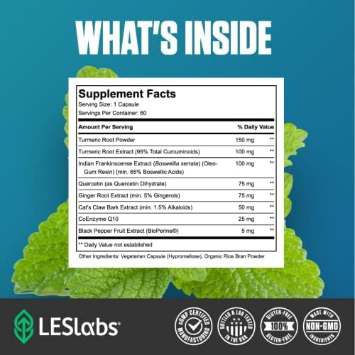 LES Labs Inflammatory Health – Joint Support, Muscle Function & Relaxation, Mobility– Turmeric, Boswellia, Quercetin, Ginger & CoQ10 – Non-GMO Supplement – 60 Capsules