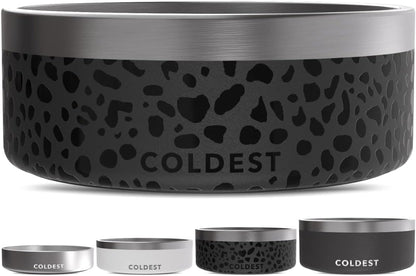 Coldest Dog Bowl - Anti Rust Metal, Non Slip, 3 Layers Insulated Stainless Steel Dog Bowls - Spill Proof & Heavy Duty - Water Bowl for Dogs, Cats & Pets, Dish Washer Safe (64 oz, Black Leopard)