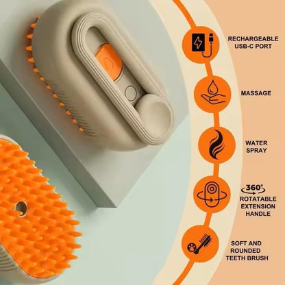 3-in-1 Steam Pet Brush for Cats & Dogs – Self-Cleaning Grooming Comb with Spray Mist, Massage & Shedding, Rechargeable USB, Anti-Static, Foldable Handle (TAN)