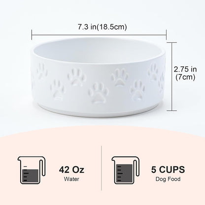 SPUNKYJUNKY Ceramic Dog Bowls 2 Pack, 7.3'' Dog Food Water Double Feeding Bowls Non-Slip for Medium to Large Sized Breed Microwave Dishwasher Safe - 42 OZ, 2pcs, Paw White