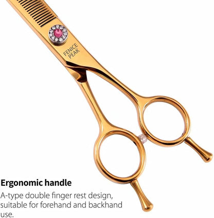 Fenice Peak Professional Dog Grooming Scissors Pet Curved Thinning Shears 7.0'' Extremely Sharp Blades 440C Steel Thinning Scissors Durable Smooth Motion & Fine Cut for Dogs and Cats(Gold)