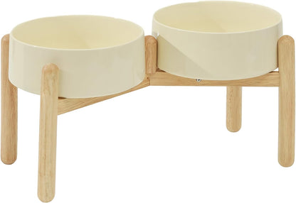 Ceramic 8.2inch Raised Dog Bowl with Stand for Large- Breed Dogs, Pet Food and Water Feeder (Double Bowl with Stand - Beige)