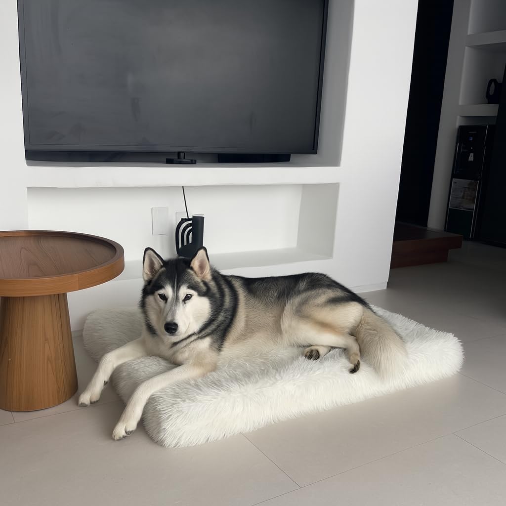 IHAPPYDOG Luxury Faux Fur Orthopedic Dog Beds, Memory Foam Crate Bed for Small, Medium, Large and XL Pets, Fluffy Pet Bed with Waterproof and Washable Cover, Fits Crates (White, 41"x27")