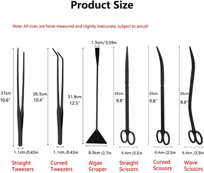 7-in-1 Aquascaping Tools Kit for Aquarium & Terrarium - Stainless Steel Long Tweezers, Curved Scissors, Algae Scraper, Feeding Tongs - Live Plant Trimming & Tank Cleaning Accessories