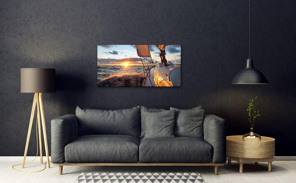 Yacht Sailing in Sea at Sunset Scenery Canvas Wall Art for Living Room Bathroom,Close-up View of Deck Mast Sails Picture Print Artwork Painting Decor,Epic Seascape Scenic Landscape,Inner Frame 20x40