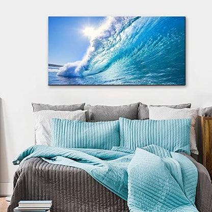 Rolling Ocean Waves Surfing Graphic Canvas Wall Art For Bedroom,Blue Tropical Seascape Artwork Decor,Rolling Wave Sea Landscape Picture Print Painting,Bracket Fixed Ready To Hang,Inner Frame (30x60)