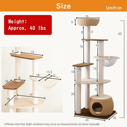 Wooden Cat Tower for Large Cats, 63’‘ Modern Multi-Level Condo with Natural Wood, Indoor Cat Furniture for Medium and Big Pets (White 81007DD)