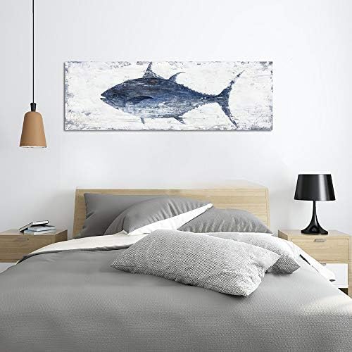 Yihui Arts Canvas Wall Art Hand Painted Abstract Tuna Fish Painting Modern Artwork Coastal Pictures in Blue and White Color for Bedroom Decoration