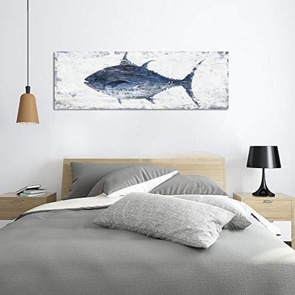 Yihui Arts Canvas Wall Art Hand Painted Abstract Tuna Fish Painting Modern Artwork Coastal Pictures in Blue and White Color for Bedroom Decoration