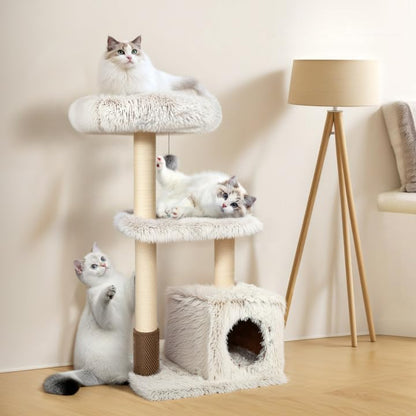 KAMABOKO 41" Tall Modern Cat Tree - Wooden Cat Tower with Cat Condo, Hammock & Top Perch, Cute Wood Cat Tree Natural Sisal Posts for Climb Scratch Play Rest