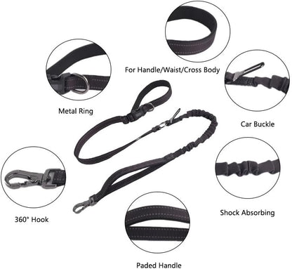 Hands Free Dog Leash for Large Medium Dogs Heavy Duty Bungee Reflective Adjustable Waist Leashes for Walking Running with Car Buckle 4-6FT (Black)