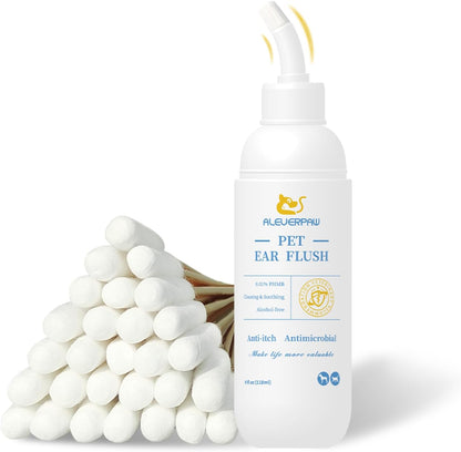 Tris Flush Cat & Dog Ear Cleaner - Dog Ear Infection Treatment with PHMB, Removes Wax, Odo, Gentle & Hypoallergenic, with 20 Cotton Qtips, 4 Fl oz