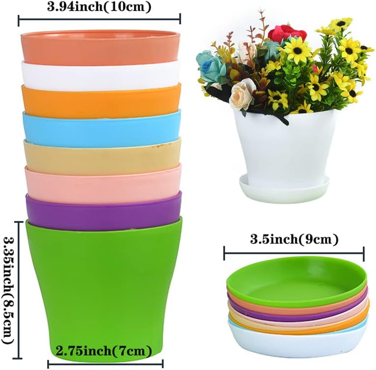 10 Pack 4 Inch Plant Pots Bulk Small Plastic Planters Pots with Drainage Holes Flower Pot for Succulent, Cactus, Herb, African Violet (10pcs-Multicolor, 4Inches)