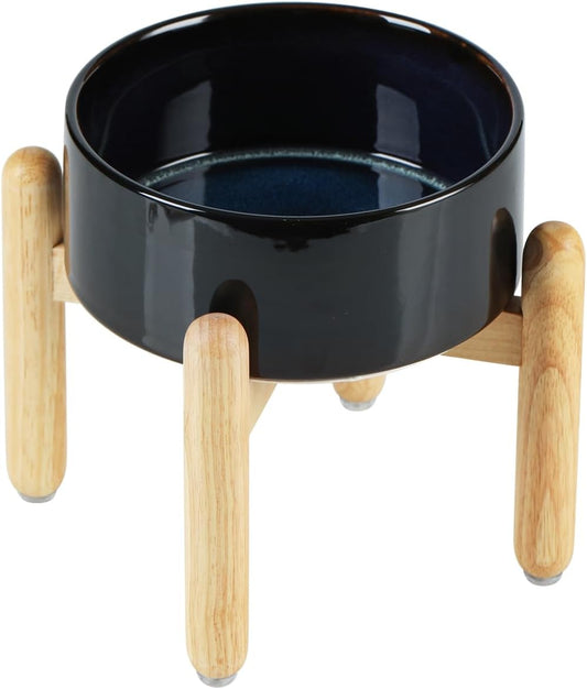 Ceramic 7.3inch Raised Dog Bowl Set, Elevated with Wooden Stand, Food and Water Bowl for Medium Breed Dogs, Weighted Dog Dishes, Pet Feeder(Starry Sky)