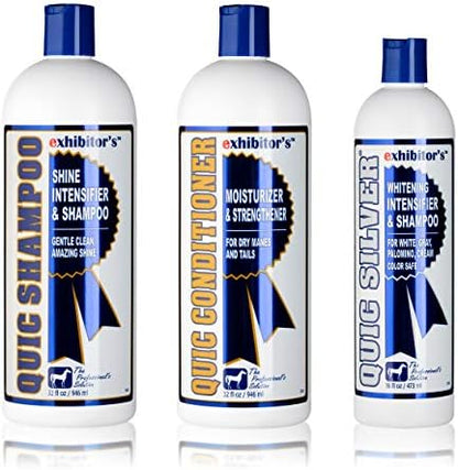 exhibitor's Quic Silver System Includes Quic Shampoo Quic Conditioner 32 Ounce Each Plus Quic Silver 16 Ounce for Dogs, Horses, Greys, Palominos, Cream Color Coats Silver Ash Highlights