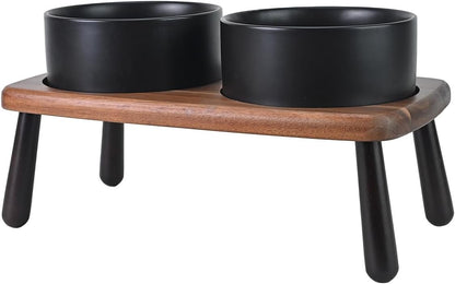 SPUNKYJUNKY Ceramic Elevated Dog Bowls Raised with Acacia Bamboo Wooden Stand, 6.1'' Dog and Cat Food Water Bowls Set Non-Slip for Small Medium Sized Breed Microwave Dishwasher Safe - 28.7 OZ,Black