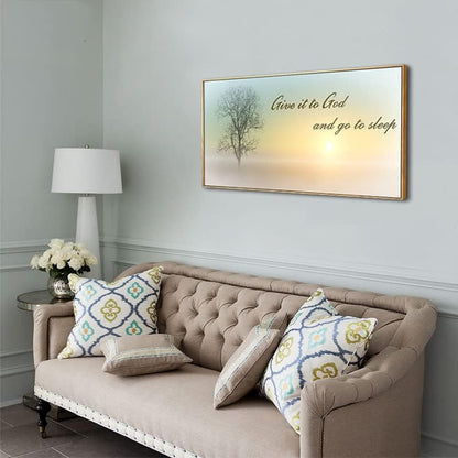 Lasdel Natural Extra Framed Wall Art of Misty Sunset & Tree Plant Picture For Bedroom Home Above Bed,Large White Country Wood Sign For Bathroom,Give It To God & Go to Sleep Artwork Decor,24x48