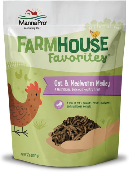 Manna Pro Farmhouse Favorites Oat & Mealworm Mix Poultry Treat – Natural Protein Source – Encouraging Poultry Treat – Mix of Oats, Peanuts, Raisins, Mealworms, Sunflower Kernels – 2lbs