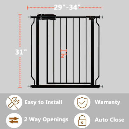 Fairy Baby Walk Through Black Baby Gate 29-34 Inch Wide, Pressure Mounted Safety Gate with Door No Drill, Tension Metal Gate for Dog and Toddler