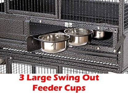 Extra Large Stackers Heavy Duty Wrought Iron Breeder Parrot Aviary Bird Breeding Rolling Cage with Side Nest Doors (Black Vein, Triple Stacker)