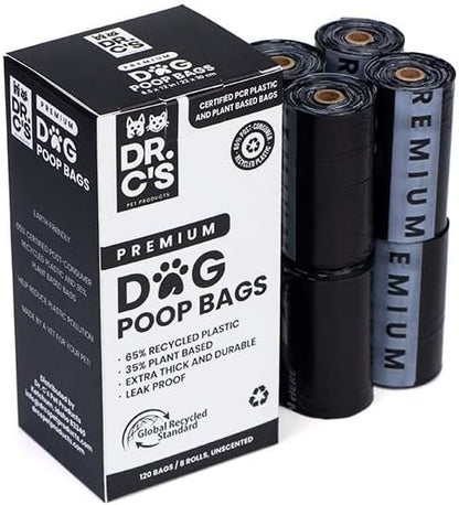 Certified 65% PCR (Post Consumer Recycled) Plastic and 35% Plant Based Dog Poop Bags - Dr. C's Premium Dog Poop Bags - 120 Bags / 8 Rolls, Extra thick, Leak Proof, Unscented, Earth Friendly