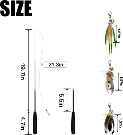 TTcat Cat Feather Wand Toys,Retractable Wand Toy with 3 Mini Insect Refills, Transparent Carbon Wire,Interactive Cat Toy Kitten Toy for Indoor Cats to Play Chase Exercis