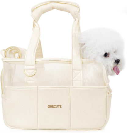 Dog Purse Carrier for Small Dogs Rabbit cat with Large Pockets, Cotton Bag, Dog Carrier Soft Sided, Collapsible Travel Puppy Carrier (Beige Breathable, 13.6" L x 6.5" W x 10.0" H)