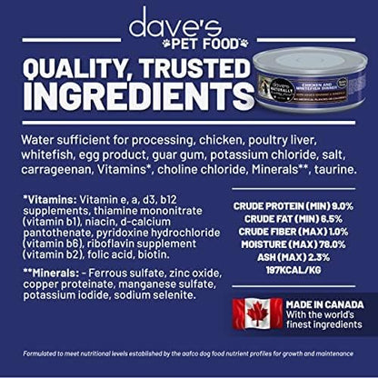 Dave's Pet Food Grain Free Wet Cat Food (Chicken & Whitefish), Made in Canada Naturally Healthy Canned Cat Food, 5.5 oz Cans (24 Pack)
