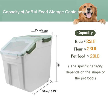 AnRui Dog Food Storage Container with Scoop, Large Airtight Plastic Pet Dog Cat Dry Food Bin, Cereal Grain Organizer Box for Rice, Flour, Snack, Baking Supplies, Kitchen Pantry, 20lb, Green