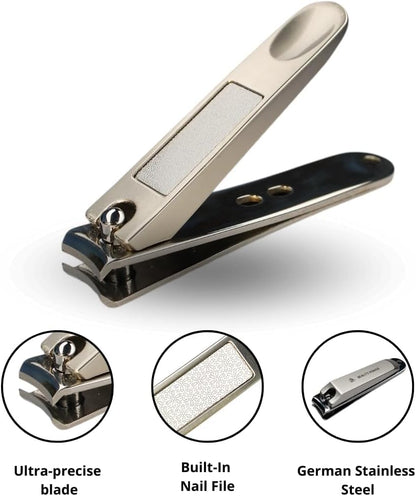 Nail Clippers Set 3 in 1 - Stainless Steel Toe Nail Clippers, Fingernail Clipper, Glass Nail File, Anti Splash, Ergonomic Grip in PU Leather Travel Case for Men & Women (Brown Case)