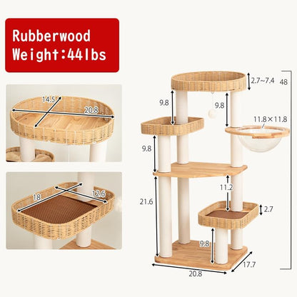 48'' Cat Tree for Large Cats, Modern Cat Tree Multi-Level Condo with Natural Wood, Cat Activity Centre for Medium and Big Pets (White LS02)