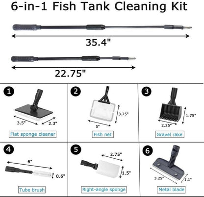 AQUANEAT 6 in 1 Fish Tank Cleaning Tools, Aquarium Cleaner Set with Adjustable Handle, Including Algae Scraper, Sponge Pad, Fish Net, and Brush
