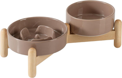 Ceramic Raised Slow Feeder Dog Bowl Set, Elevated 5.1inch Bowl and 6.1inch Puzzle Slow Pet Food Dish with Wooden Stand for Small Dog and Cat, Anti-Gulping (2X Brown Coffee+ Stand)