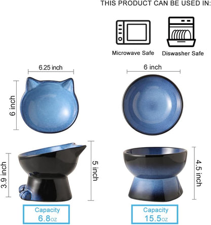 Nihow Elevated Cat/Dog Bowls Set : 6.2 Inch Ceramic Raised Cat Food & Water Bowl Set for Protecting Pet's Spine - Feeding & Watering Supplies for Cat/Small Size Dog - Elegant Blue & Black (2 PC)