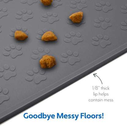 MIGHTY MONKEY 100% Waterproof Dog Food Mat, Raised Edges Silicone Pet Feeding Placemat for Cat, Dogs, Pet Bowls, High Lipped Tray Prevents Water Spills, Food on Floor, Dishwasher Safe, 18x12, Gray
